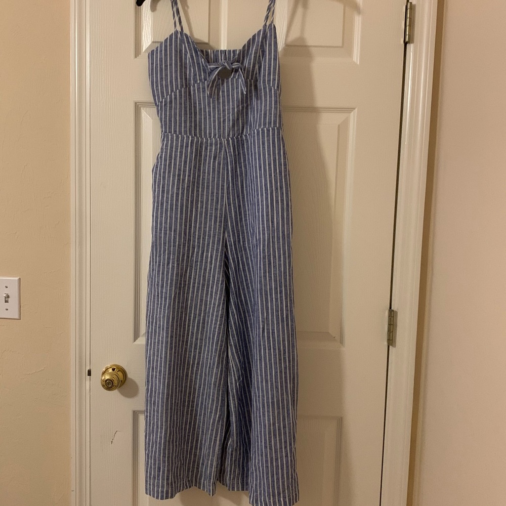 blue and white striped jumpsuit